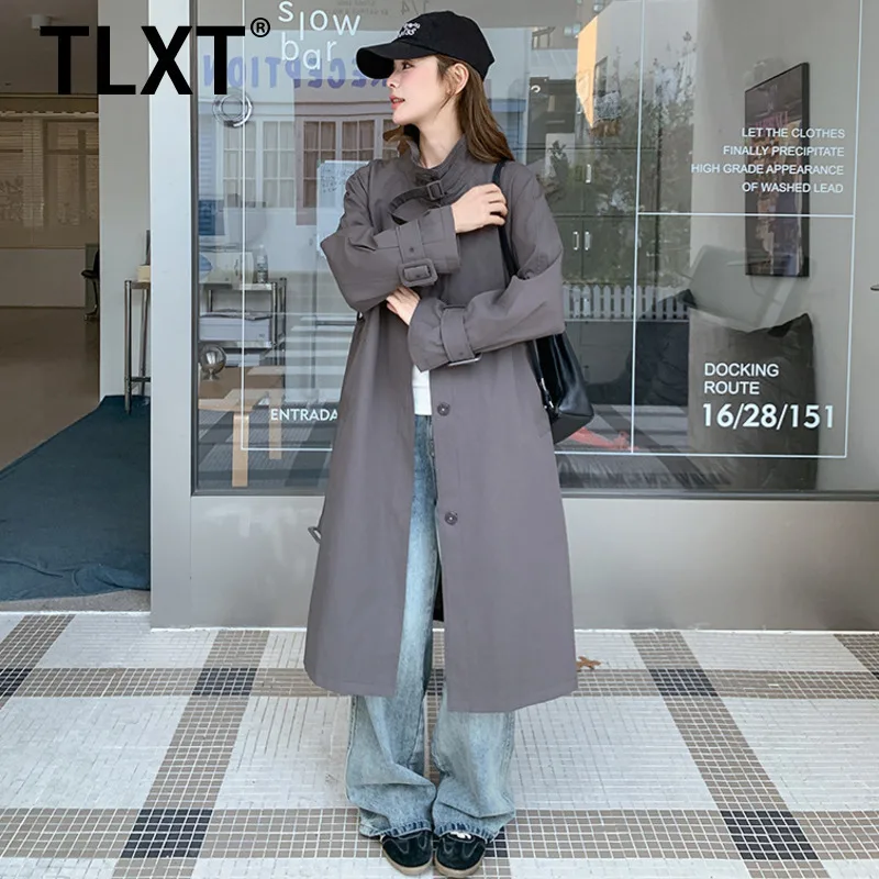 

TLXT Элегантный женский серый плащ с регулируемой пряжкой, стильный воротник-стойка, модная верхняя одежда, новинка осени 202, XK1627