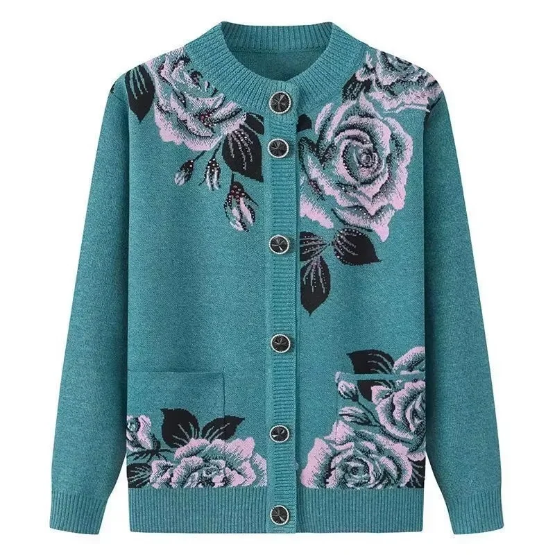Autumn Winter Women Knitted Sweater Cardigan Jacket 2025 New Print Long-Sleeve Warm Sweaters Coat Female Knit Top Mother Clothes