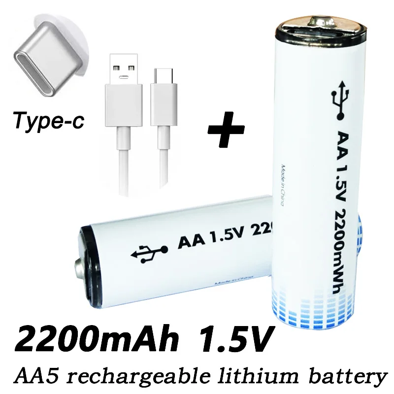 Lithium battery, rechargeable battery, AA, USB, USB, Type-C direct charging, 1.5V, 2200-2500mWh, 100% brand new