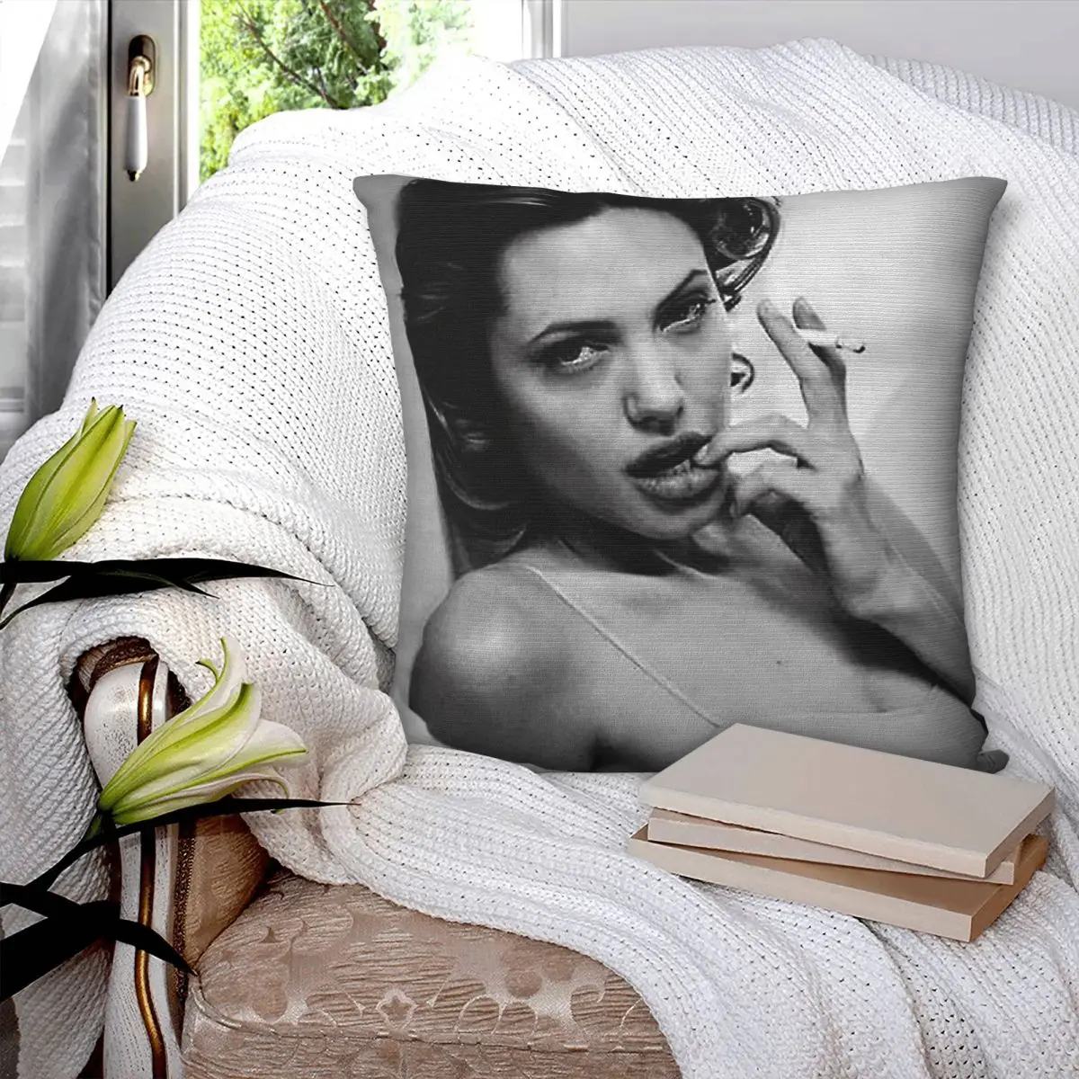 Sexy Angelina Jolie Smoking Square Pillowcase Polyester Linen Velvet Pattern Zip Decor Throw Pillow Case Sofa Cushion Cover - view 3