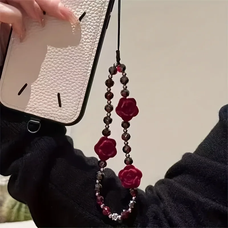 1PCS Wine Red Rose Flower Phone Chain Charm Resin Beads Phone Chain Cellphone Strap Wallet Camera Bag Decor Jewelry Accessories view 3