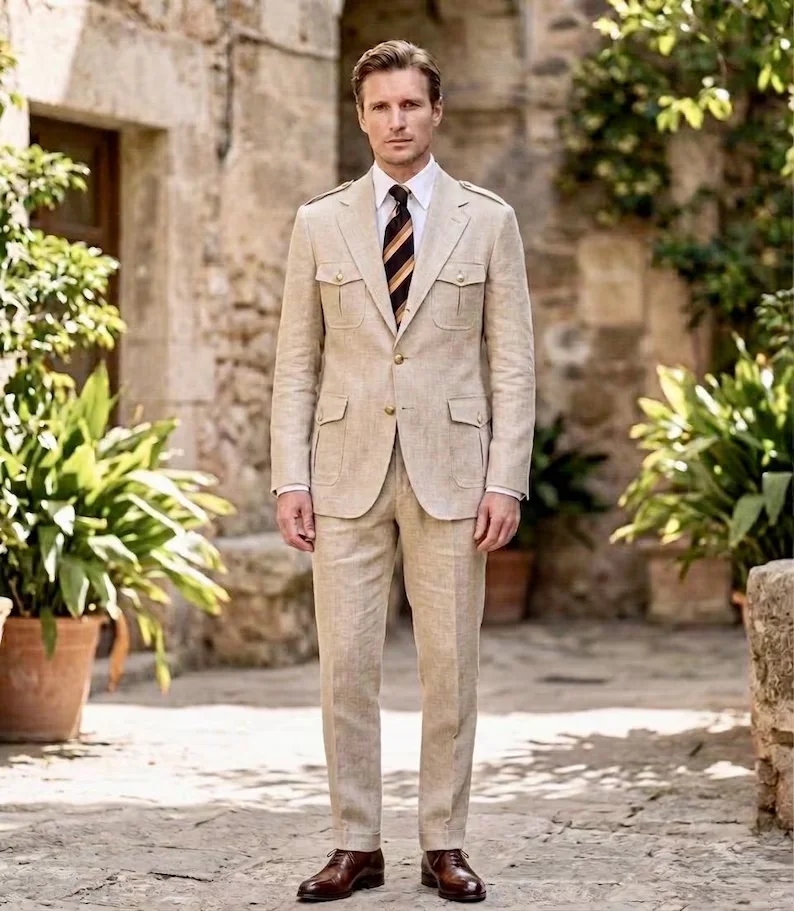 Vintage Men Linen Safari Suit 2 Piece Set Peak Lapel Blazer Matching Pants Wedding Prom Business Office Gentleman Customized