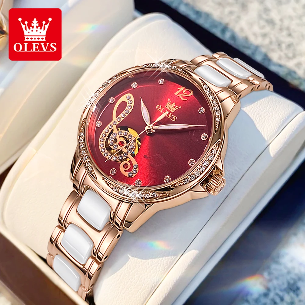 

OLEVS 6656, роскошные брендовые женские часы, модные изысканные часы с бриллиантами, керамический ремешок, деловые женские автоматические механические часы Reloj