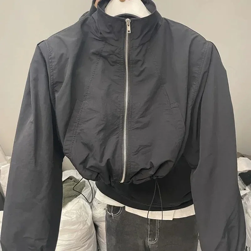 Y2K Autumn Crop Coats Women Fashion All Match Drawstring Short Track Jacket Korean Streetwear Loose Zipper Jogging Windbreaker