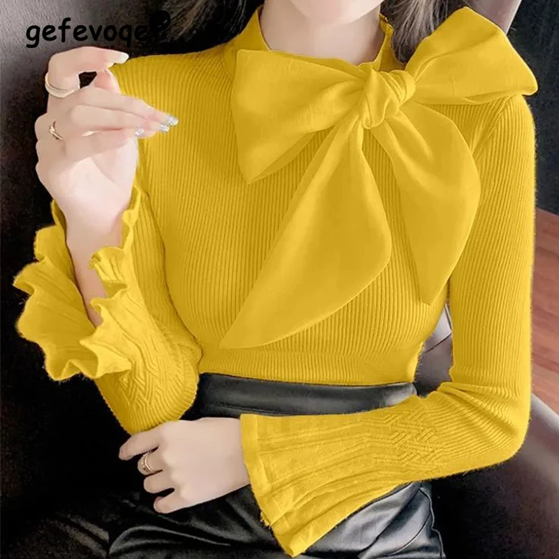 Elegant Fashion New Solid Flare Sleeve Bow Knitted Sweater All-match Casual Pullovers Blouse Sweet Korean Shirt Women\'s Clothing