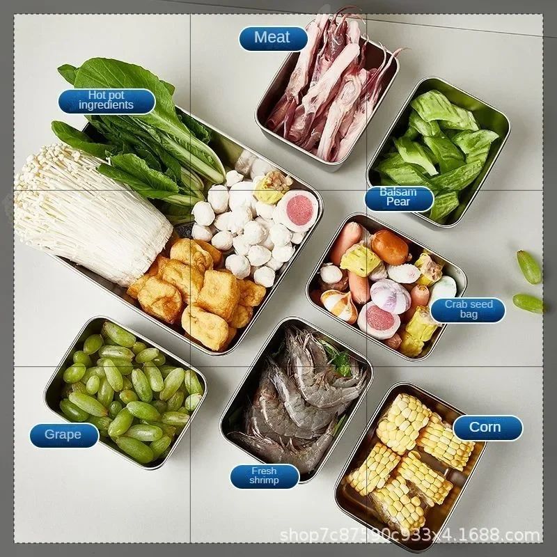 1/4Pcs Stainless Steel Rectangular Food Storage Pan With Lid Thickened Square Plate Dish Tray Freshing Lunch Box Container