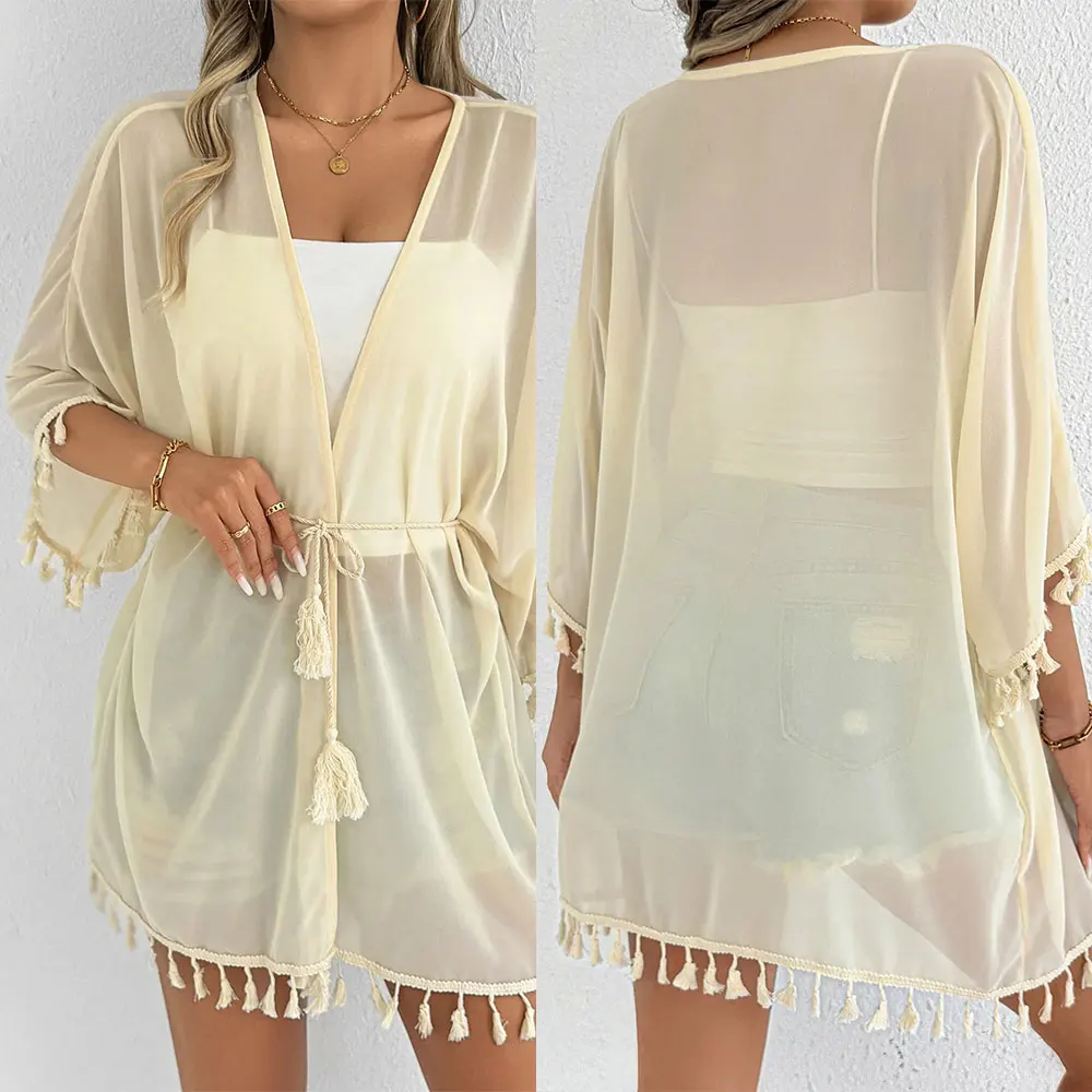Senhoras casual praia biquíni protetor solar outerwear chiffon retalhos cor pura borla splice verão férias moda cobrir