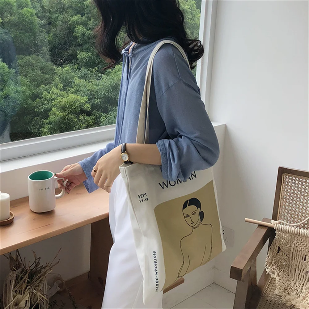 Harajuku Canvas Female Shopper Bag Simple Women Shoulder Bags High Capacity Open Zipper Lether Cloth Book Bags Bolsas De Lona