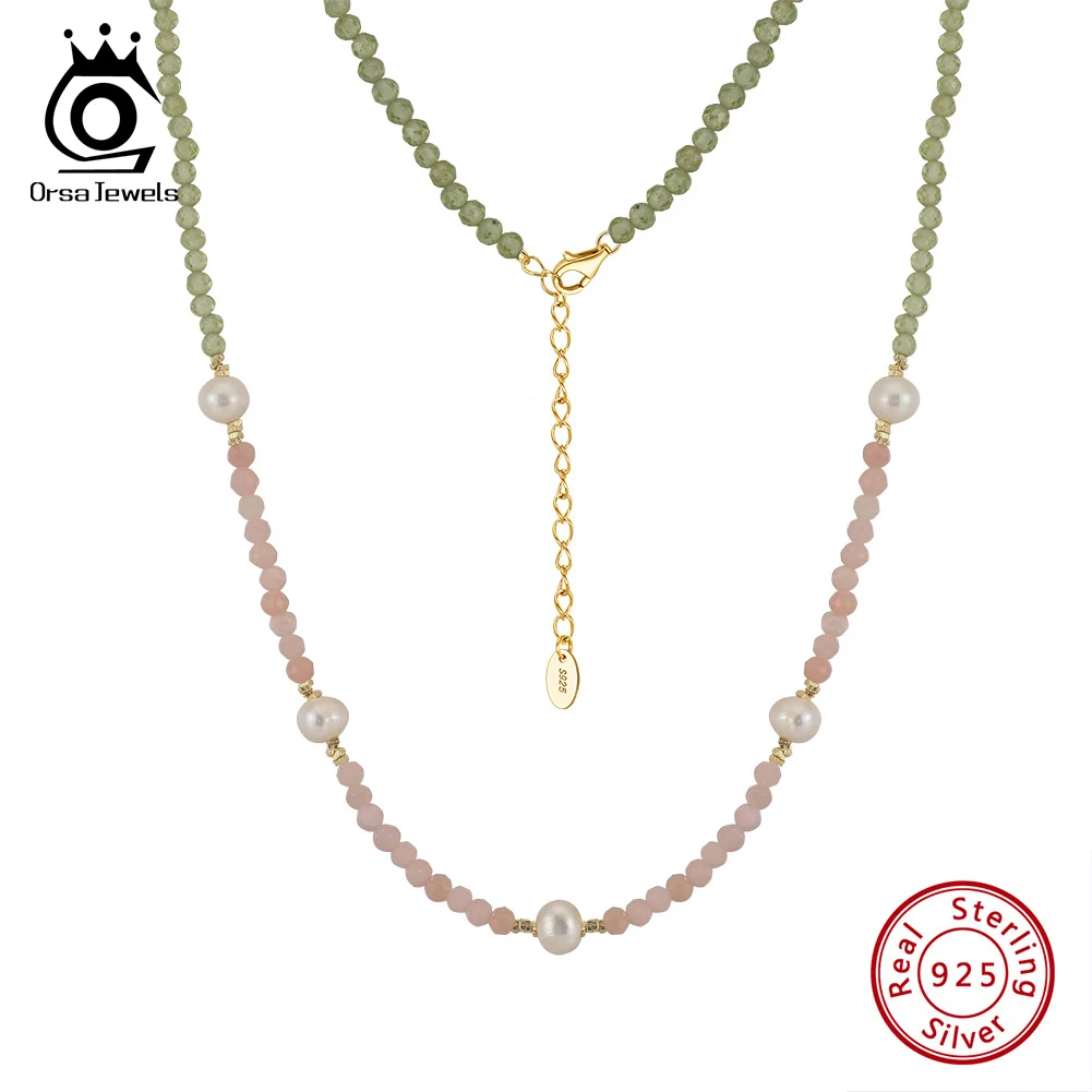 

ORSA JEWELS 925 Silver Vintage Pearls Chain Choker Necklace Women 14K gold Natural Stone Peridots&Pink Opal Collar Jewelry MPN10