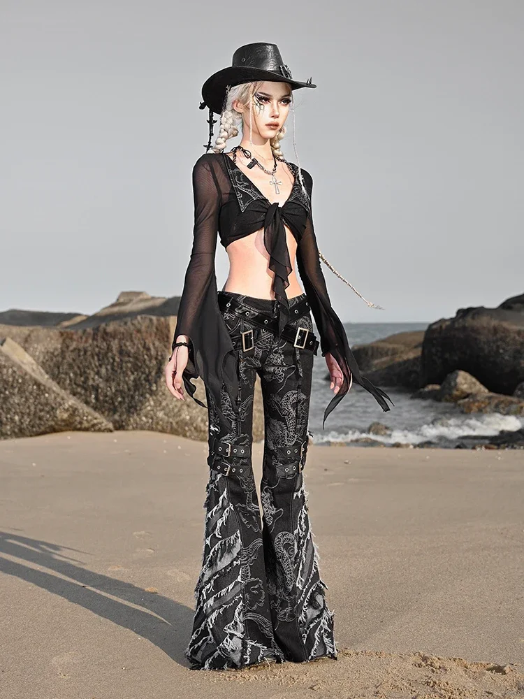 Rifornimento di sangue originale Punk Y2K Hot Girl aspetic Grunge Cowboy Jeans Black Dragon Pattern nappa Denim Horn Pants con cintura