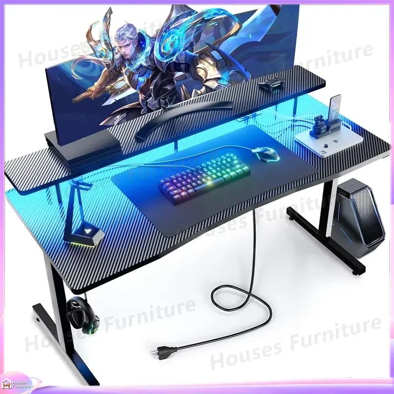 Modern LED Gaming Desk 55 Inch with Built-in Power Outlet RGB Light PC Desk for Computer Monitor Stand Easy Assembly Home