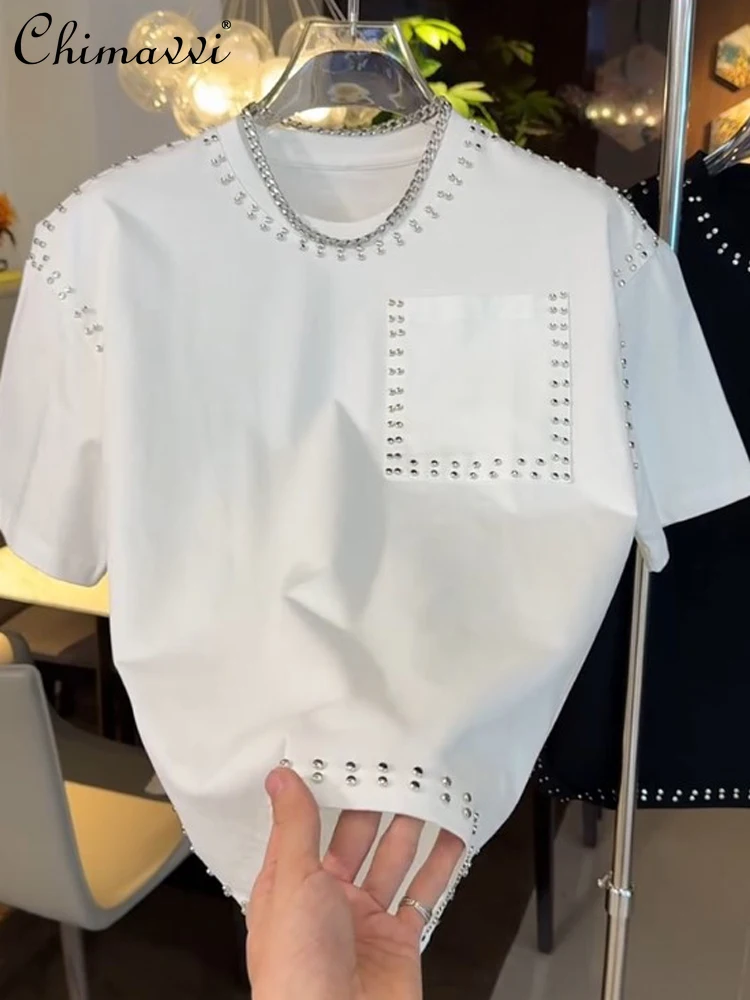 

American Fashion T-shirt Men's Summer New Loose Heavy Rivets Half-sleeved Casual Handsome Solid Color Men Short-sleeved T-shirt