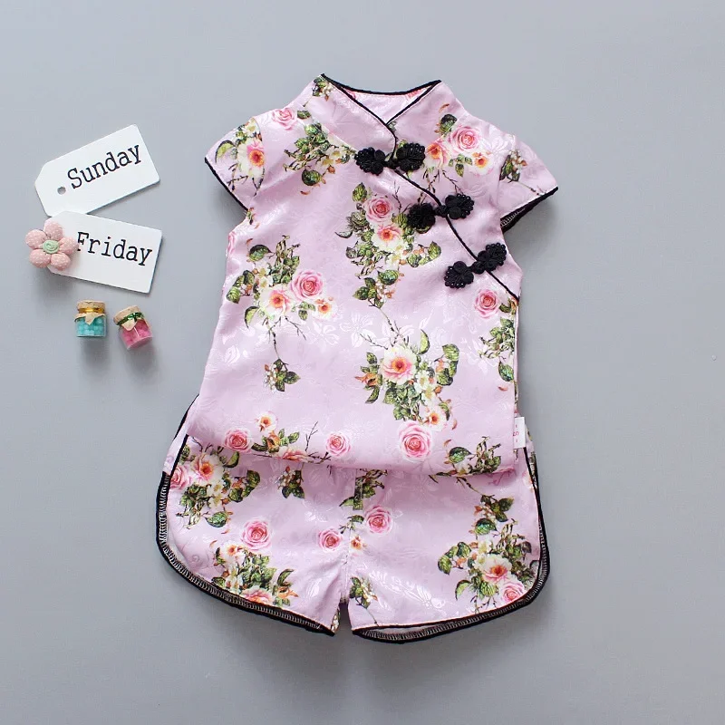 

Summer Casual Tang Kids Suit Small Girls Outfit Fashion Infant Children's Sets Ethnic Style 2 Piece Set Cheongsam Baby Clothes