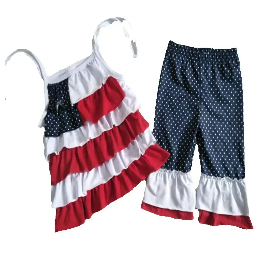 GSSO0755 Kids Girls Summer Outfit  Sets Sleeves Top Embroidery Flag Print  With Shorts Children Clothes