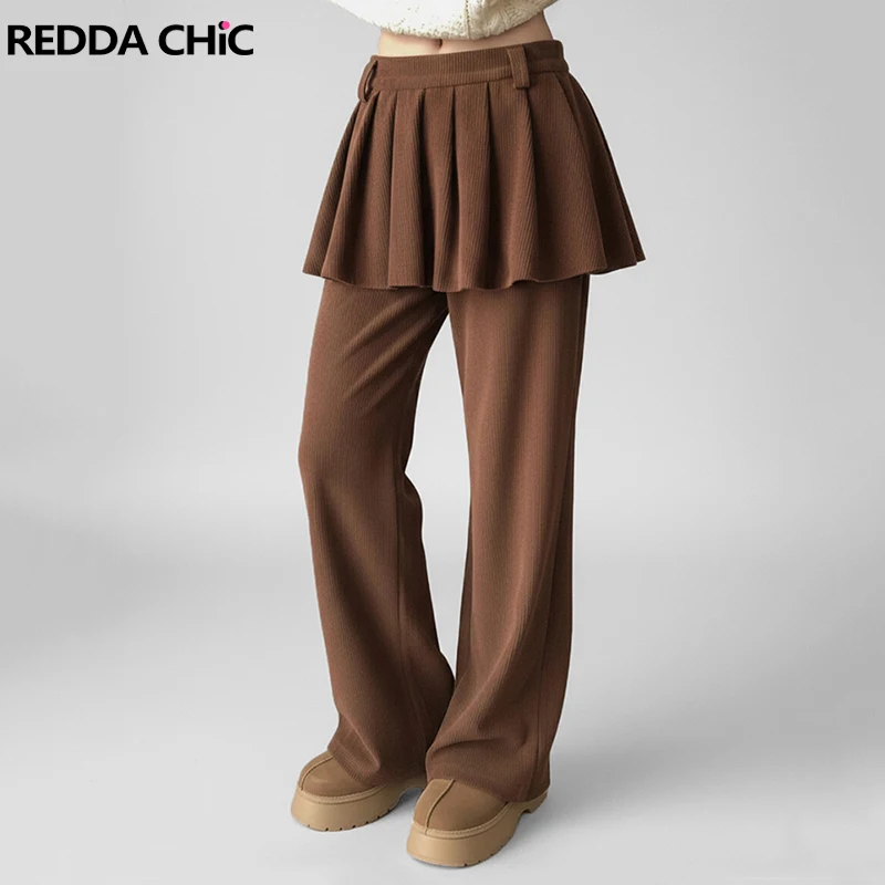 

REDDACHiC Layering Pleat Skirt Women Trousers Trendy Cleanfit Fake Two-piece Low Rise Corduroy Pants School Work Vintage Clothes