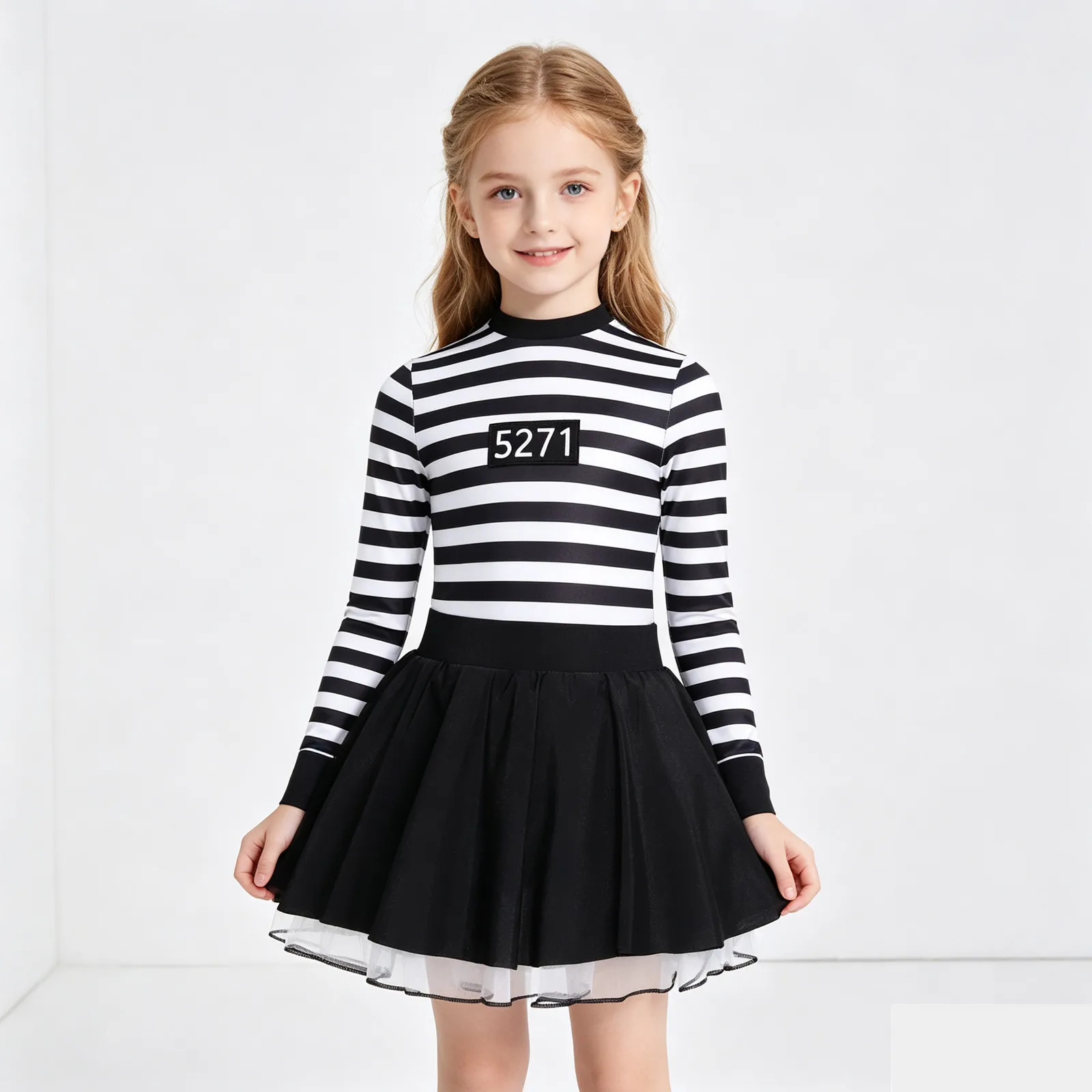 Kids Girls Prisoner Criminal Convict Cosplay Costume Jailbird Halloween Themed Parties Outfits Stripes Jail Jumpsuit Dress