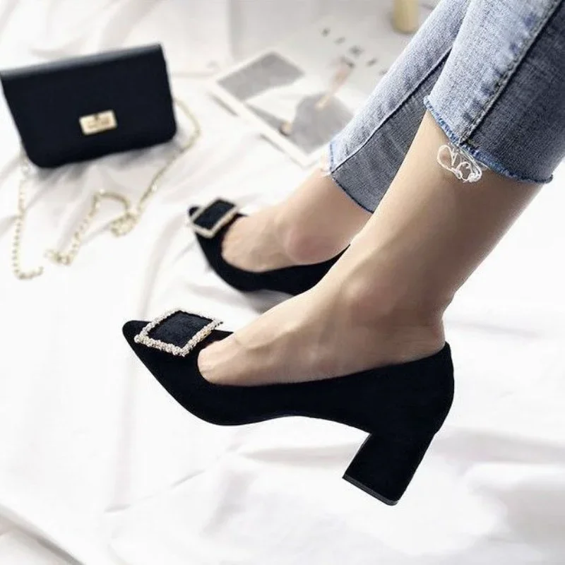 Black Office Super High Heel Block Buckle Square Heels Pointed Toe Woman Footwear Shoes for Women Shoe E on Promotion L Quality