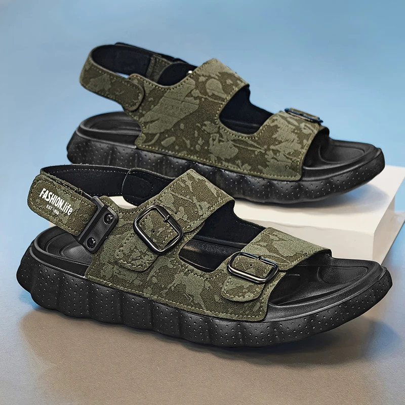 Men's Summer Trendy Outdoor Sports Sandals Anti-Slip Thick Bottom Heightening Driving Beach Slippers Comfortable Slip-On Shoes