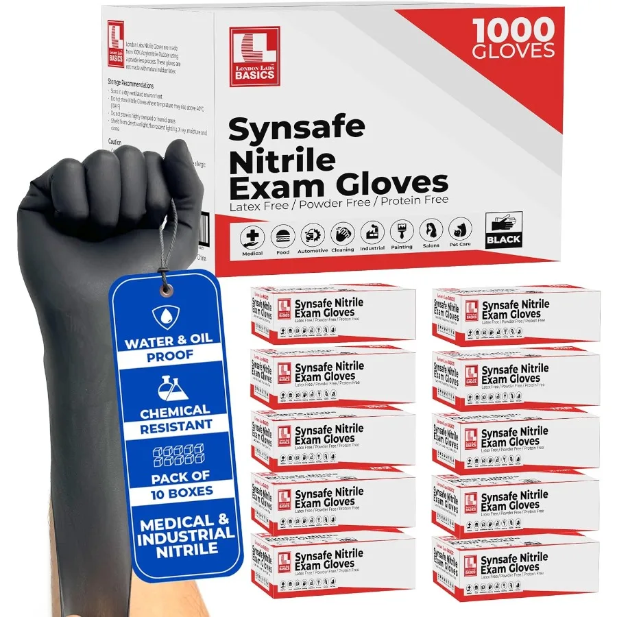 

Synsafe 4 Mil Black Nitrile Exam Gloves Disposable Latex Free and Powder Free Extra Strong Rubber Gloves for Medical Use First