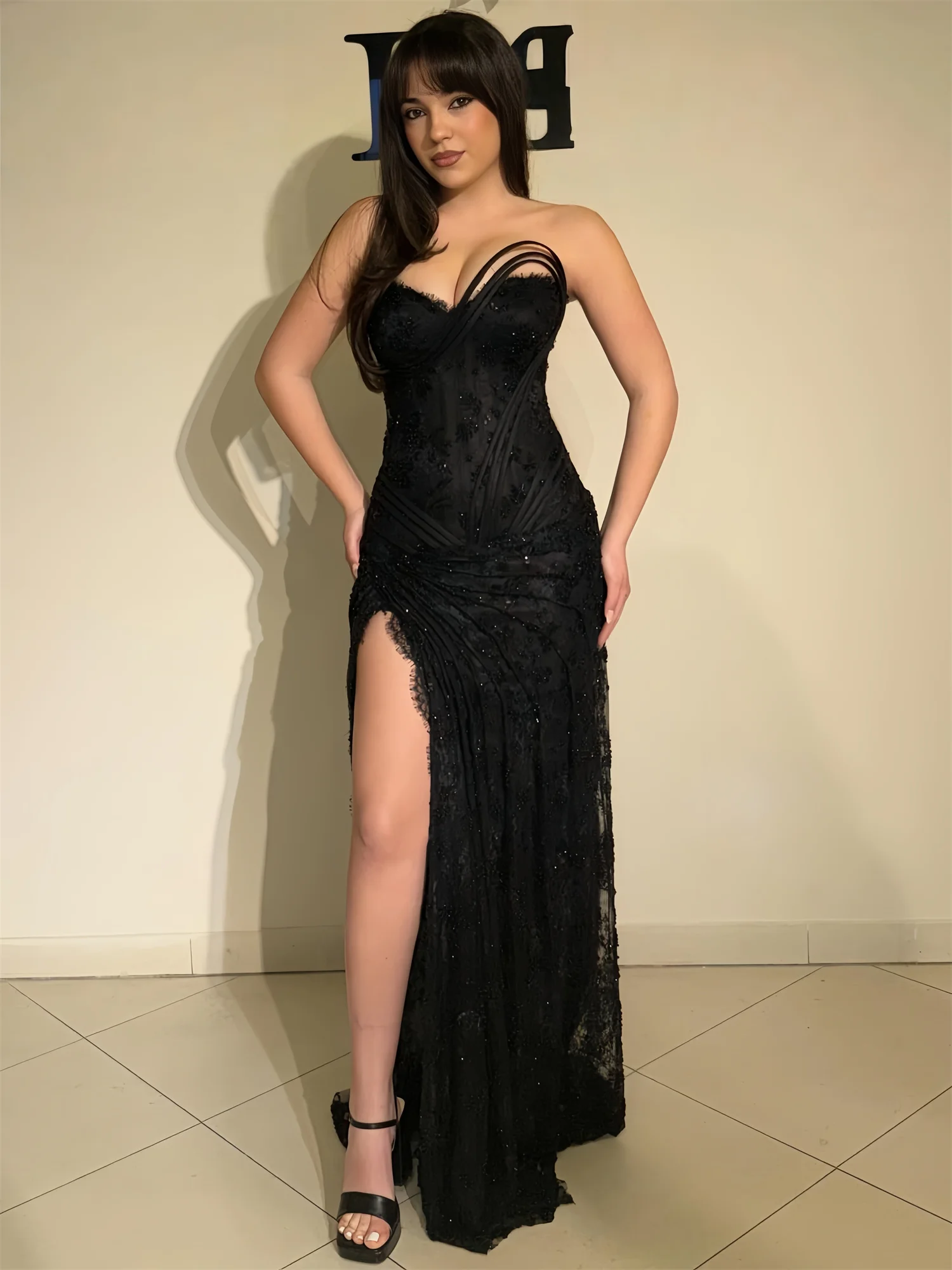 EDECPBM Sequined Evening Dress Women Sexy American Style Black Lace Formal Events Party Customized New Collection Latest Luxury