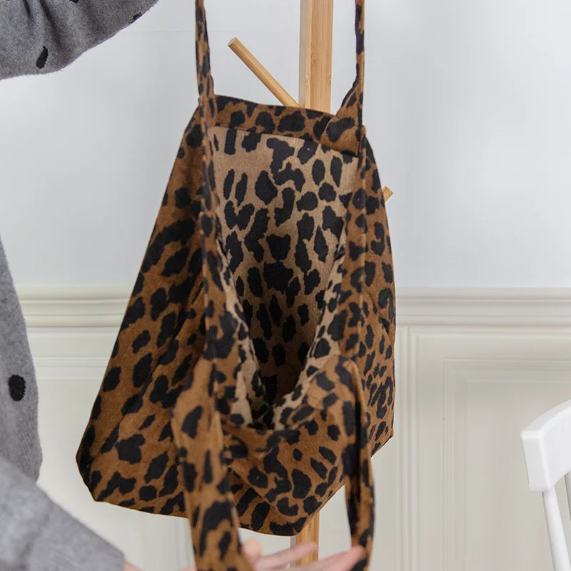 Classic Leopard Printing Top-handle Bag Women Corduroy Shopping Bag Large Capacity Book Tote Bag Female Casual Shoulder Bag