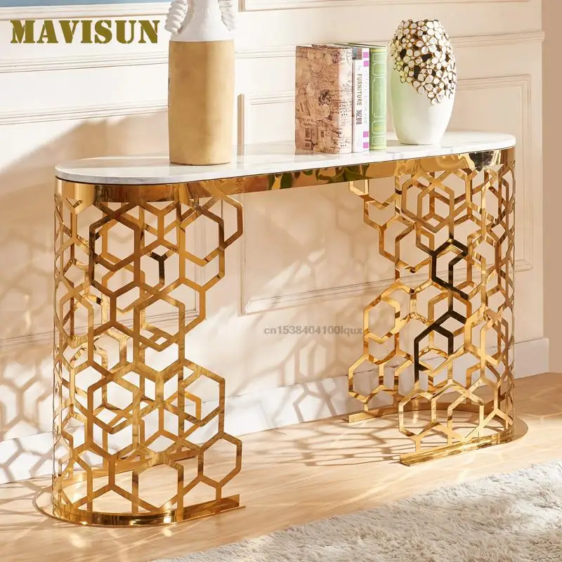 

Nordic Entrance Hall Marble Console Table Simple Against The Wall Postmodern Light Luxury Home Entry Stainless Steel Porch Table