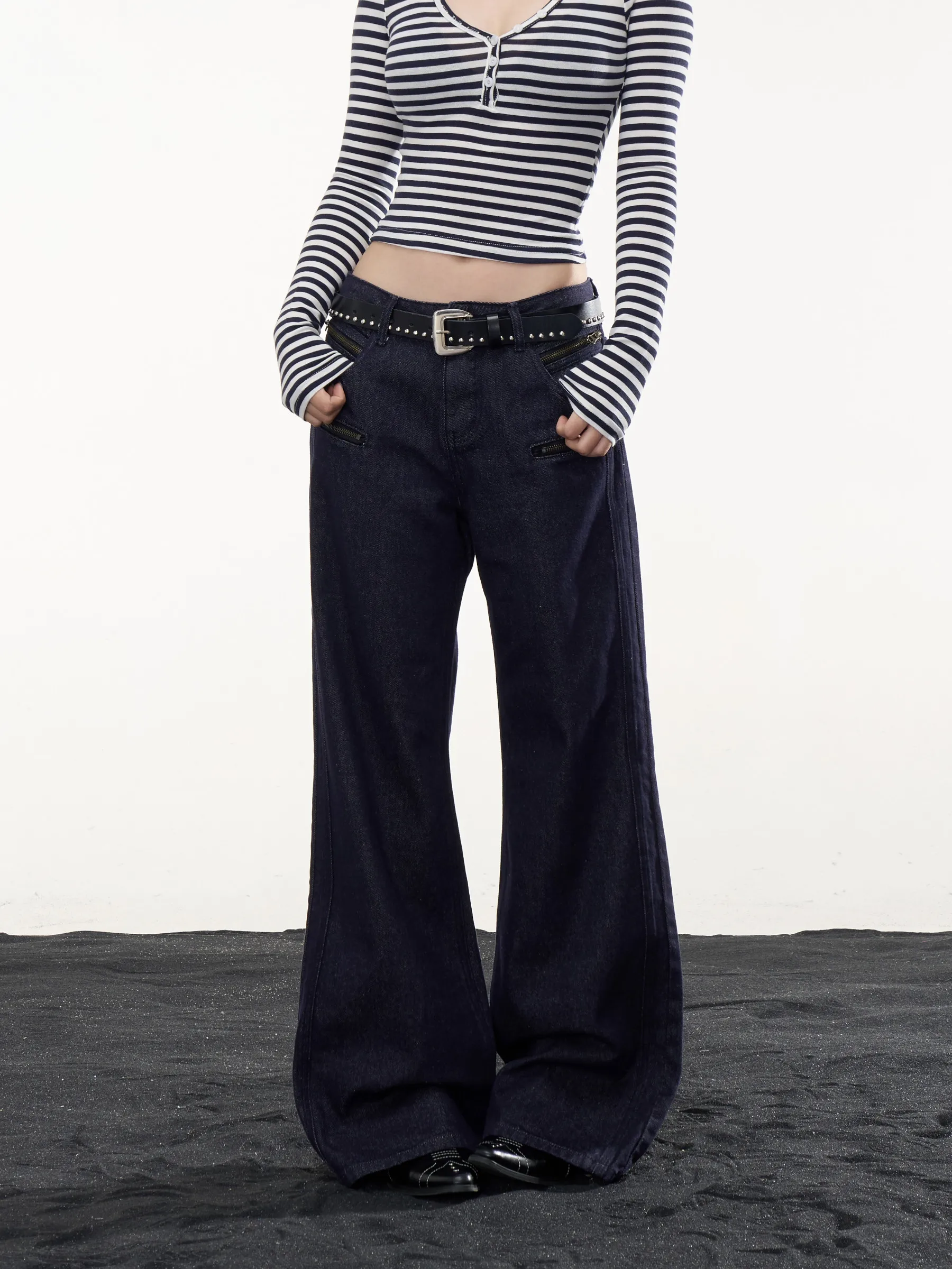 Low Waist Wide Leg Denim Jeans Women's Casual Loose Design Sense Washed Deep Blue American Retro Style Ladies Jeans