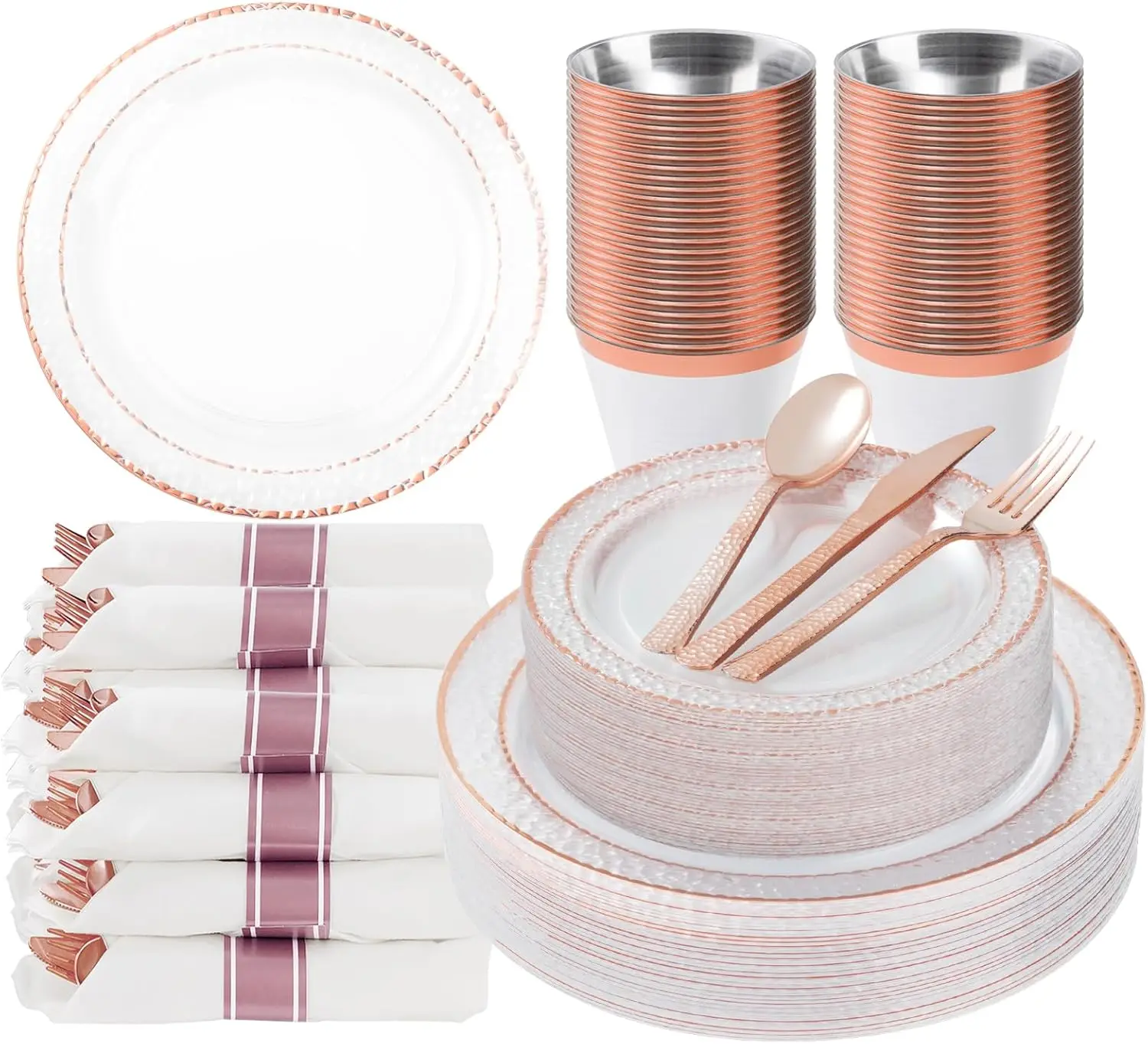 Disposable Dinnerware Set for Party, Includes 50 Plates, 25 Pre Rolled Napkins with Rose Gold Silverware, 25 Cups