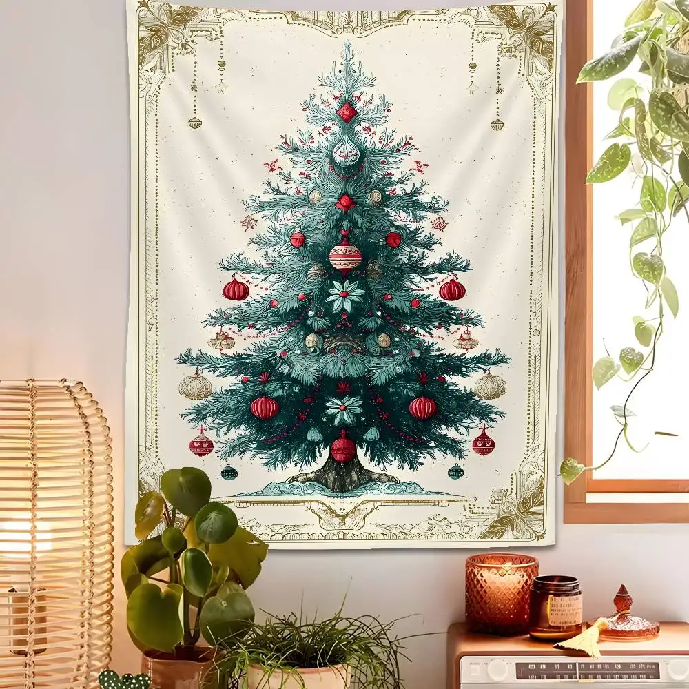 

Basic Christmas Tree Retro Tapestry Bedroom Living Bar Garden Outdoor Microfiber Festival Decoration Background Art Banner