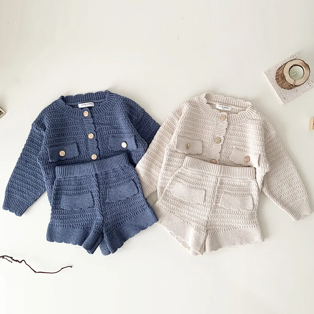

Autumn Knitted Set kids girls clothes baby set Boys and girls pure color knitted cardigan top+shorts