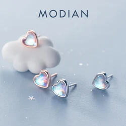 Modian Cute Hearts Stud Earrings for Women 925 Sterling Silver Rainbow Opal Ear Studs Wedding Engagement Statement Jewelry