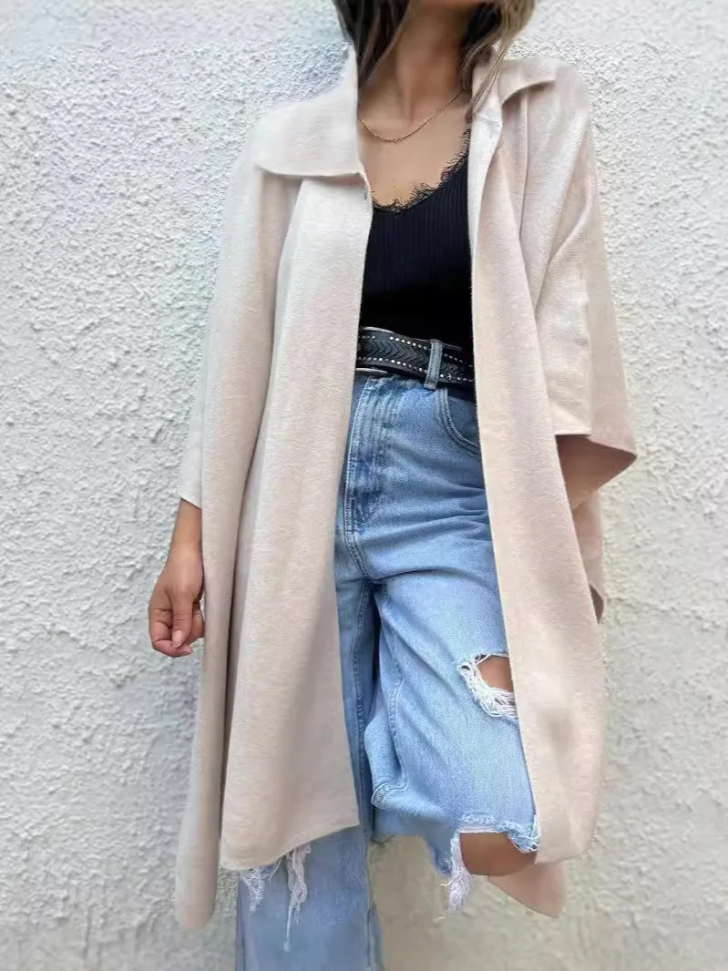 

Women Trench Coat High Street Temperament Spring Oversized Khaki Grey Korean Overcoat Lace-Up Cropped Collar Wide Shoulder