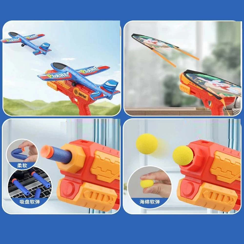 Kids Airplane Gun Toy 4 in 1 Soft Bullet Foam Plane 10M Launcher Shooting Fly Kite Toys Gifts Children Outdoor Game Toy Sports