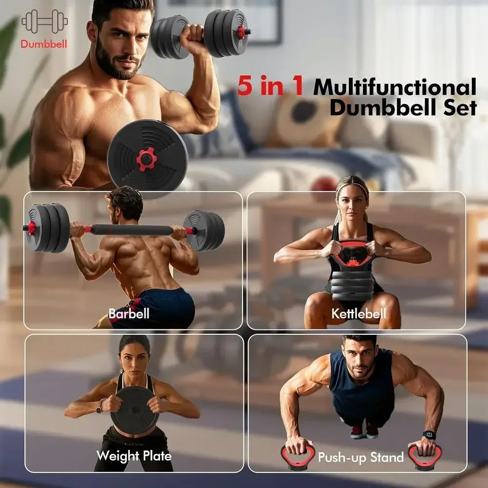 60-Pound 5-in-1 Adjustable Dumbbell Set with Kettlebell, Bar, Push-Up Stand, and Exercise Options for Home Gym