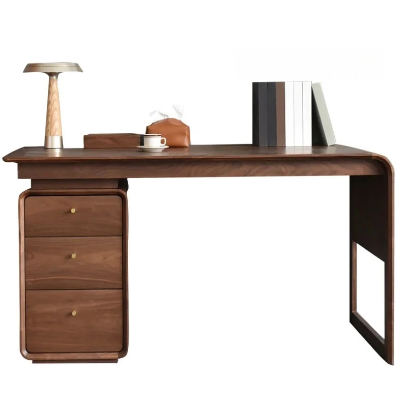 

Black Walnut Solid Wood Computer Desk with Three Storage Drawers Nordic Modern Office Study Table