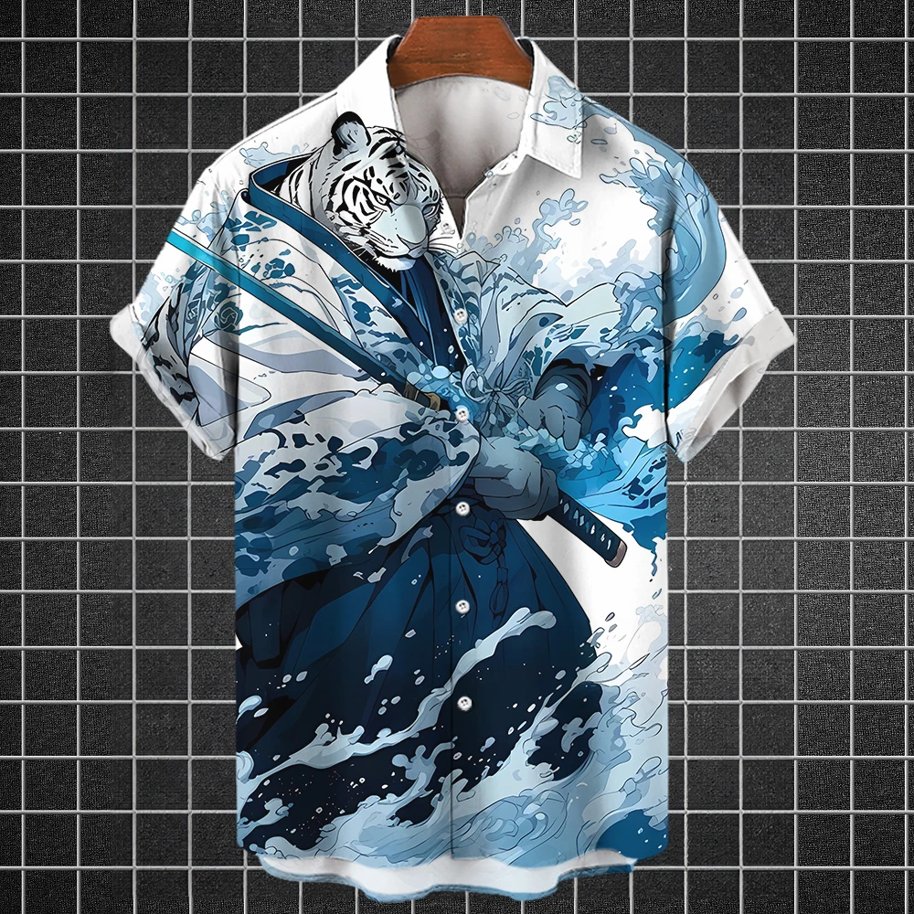 

Retro Men's Shirt 3d Ukiyo-E Print Hawaiian Shirts For Men Summer Casual Short Sleeve Shirt Street Fashion Oversized Clothes Top