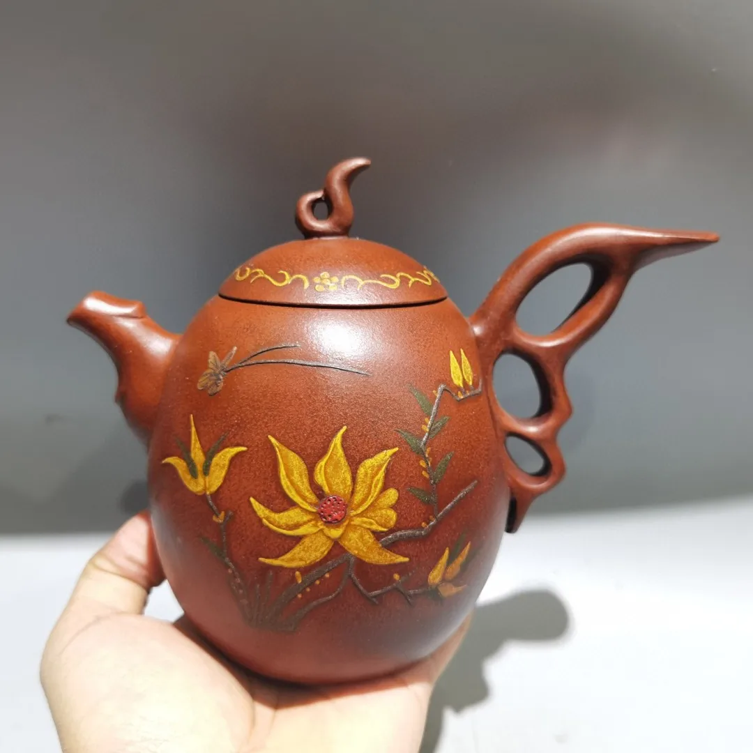 

8"Chinese Yixing Purple Clay Teapot Paleography Pot Ruyi Handheld Pot Teapot kettle Tea Amass wealth Ornaments Town house