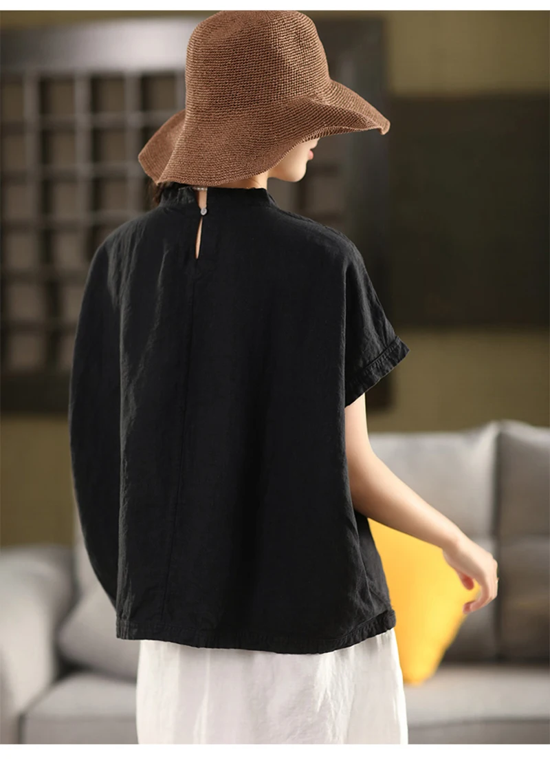 Natural Pure Linen Women's T-shirt, White Bat-sleeve Loose and Fashionable Top, Comfortable Casual Top, Plus-size Women's Wear