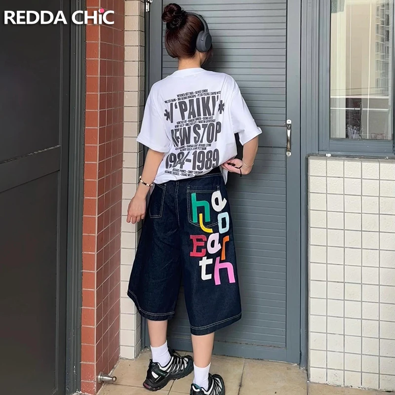 

ReddaChic Vintage Blue Graphic Denim Shorts Women Washed Low Rise Colorful Letter Print Baggy Jeans Jorts Casual Summer Clothes