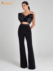 Modphy Black Two Piece Pants Set Women Sexy Spaghetti Strap Corset Crop Tops and Trousers Pantsuits Luxury Party Club Outfits