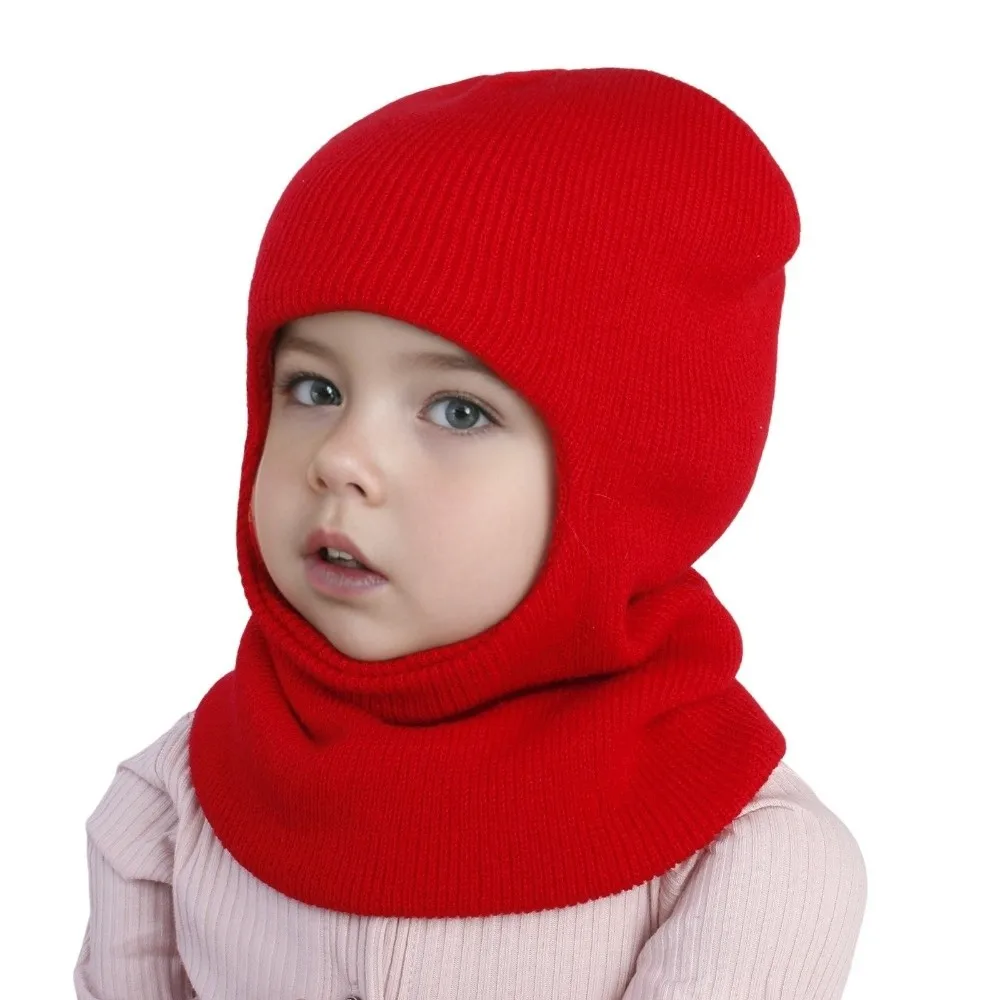 Cute Solid Color Kids Integrated Scarf Cap Knitted Warm Baby Hooded Beanie Windproof Neck Protection Baby Balaclava Hat Outdoor
