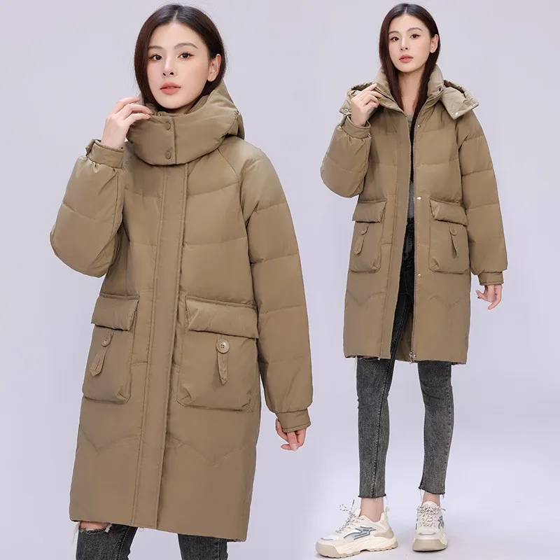 Women's Winter New Down Jacket Fashion Loose White Duck Down No Wash Hooded Black Coat Female Long Parka Overcoat Young People