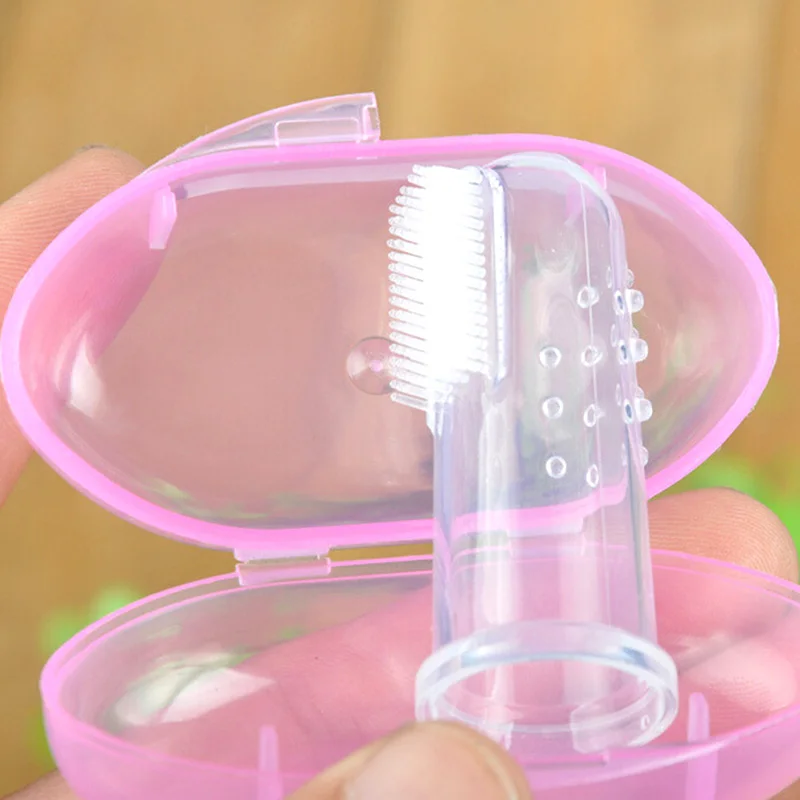 Cepillo de dientes para dedos de bebé, cepillo de dientes de silicona suave + caja, cepillo de dientes transparente para niños, cepillo de limpieza