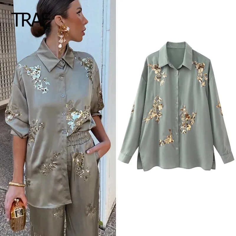 

TRAF Print Sequins Shirt Women's Blouse Spring Summer 2024 Satin Green Lapel Collar Long Sleeves Top Elegant Chic female Shirts