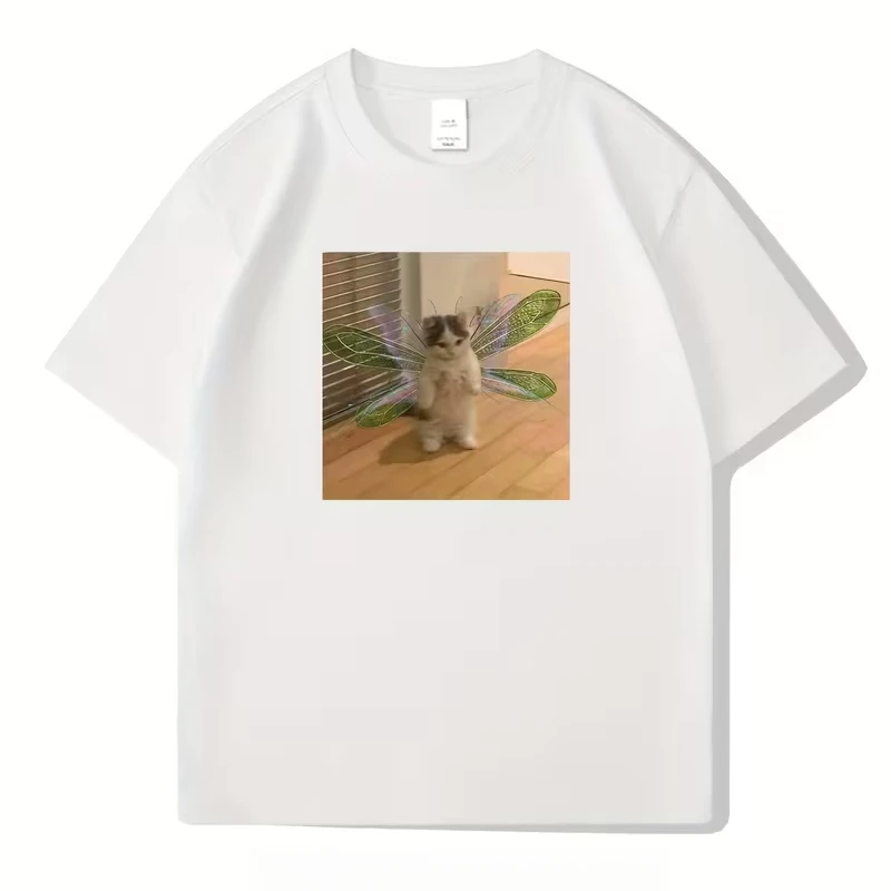 Fairy Cat Graphic Tee Casual Summer Fashion Short Sleeve Crew Neck Machine Washable Soft Eco Friendly Unisex Casual Tops