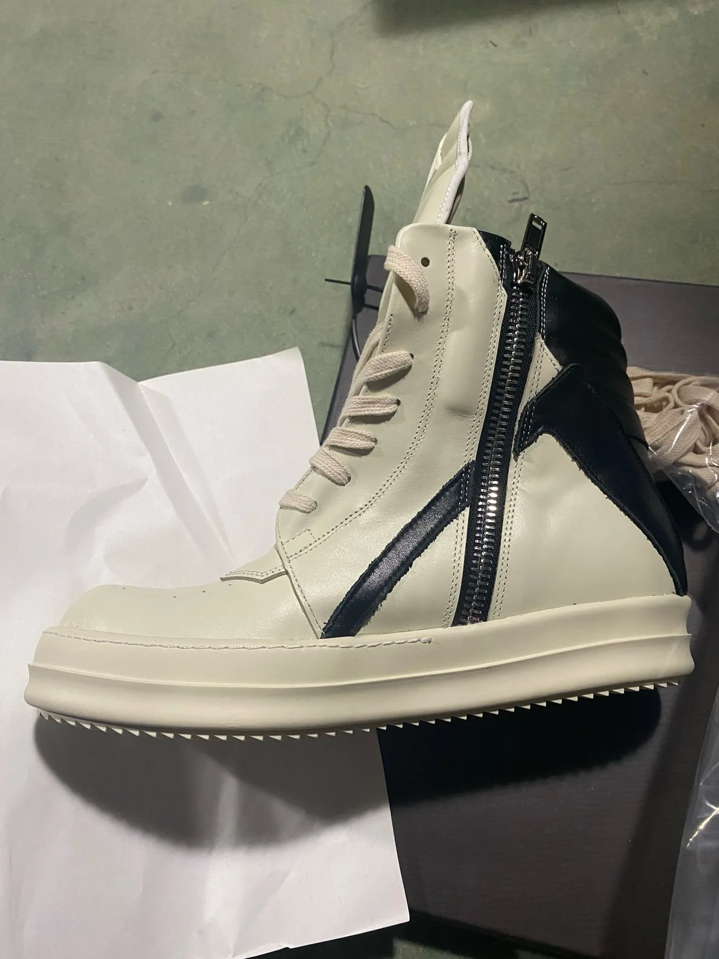 Ricks Genious Beige-bla Leather High Top Geobasket Owens Quality Men Shoe Zipper Women Sneaker Casual Owens Design boots & Shoes