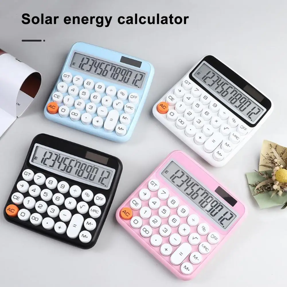 12-digit Calculator with Large LCD Display Mechanical Key Design Built-in Solar Panel Small Size Desktop Electronic Calculator