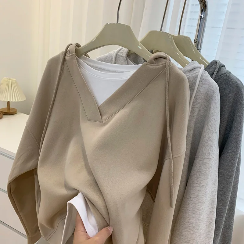 

European American Style Real Shot Fake Two-Piece Drawstring Hooded Sweatshirt For Women, Spring And Autumn Versatile Loose