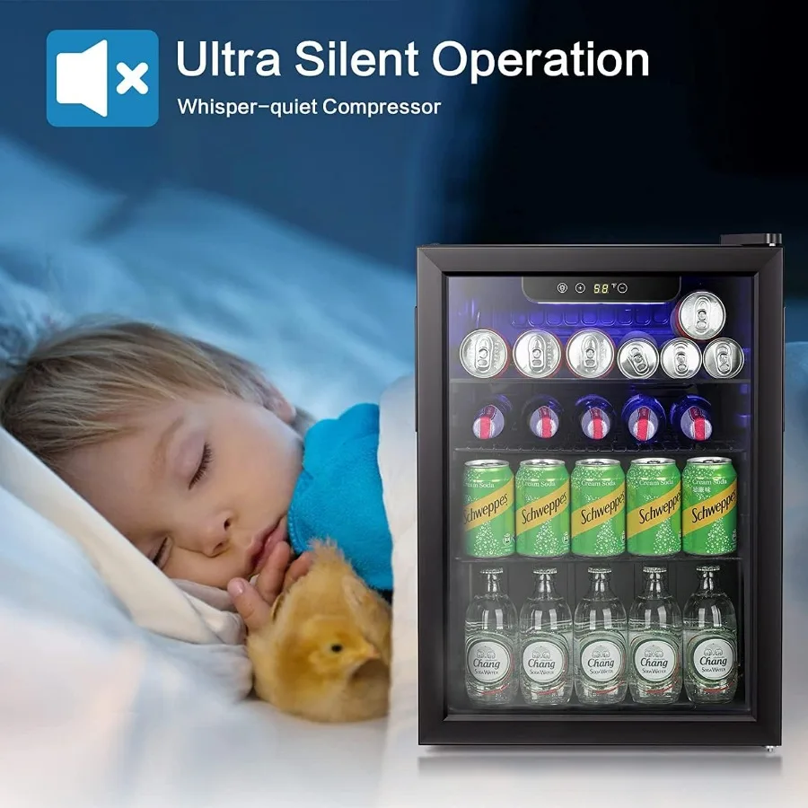 95캔 또는 24병용 유리문이 있는 소형 음료 냉장고 조절 가능한 선반 미니 냉장고 소다 보관에 이상적