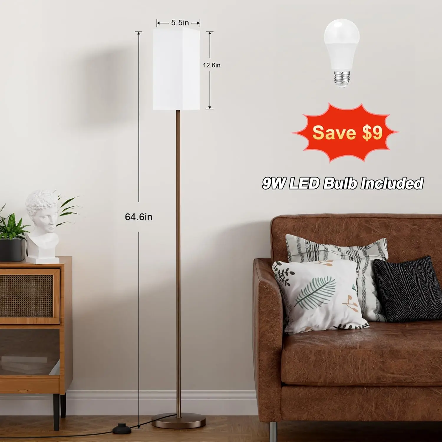 Ambimall Remote Control Floor Lamp, Stepless Dimmable, 64 Inches Tall, Include 9W Bulb, Standing Lamp For Living Room Bedroom